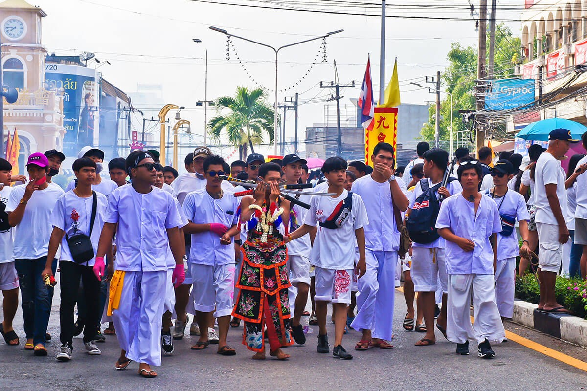Phuket Vegetarian Festival 2019 - The street procession around Phuket town from Bang Liao Shrine, "Ma Song" body piercing with Spike