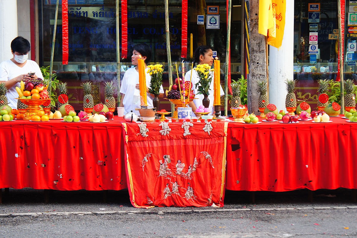 Street tables with fruits - Phuket Vegetarian festival 2019