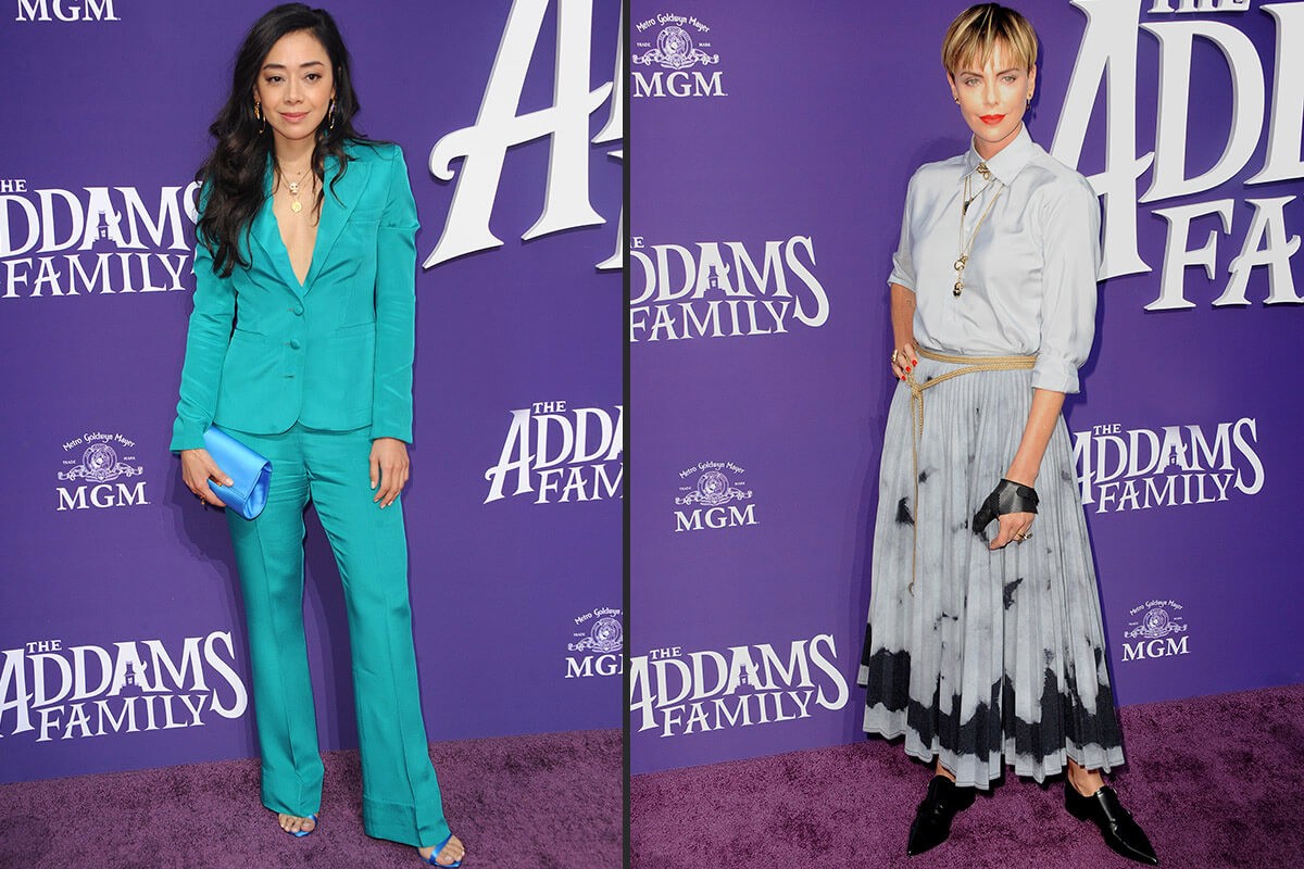 Aimee Garcia and Charlize Theron at the Los Angeles premiere of "The Addams Family" held at the Century City AMC, USA