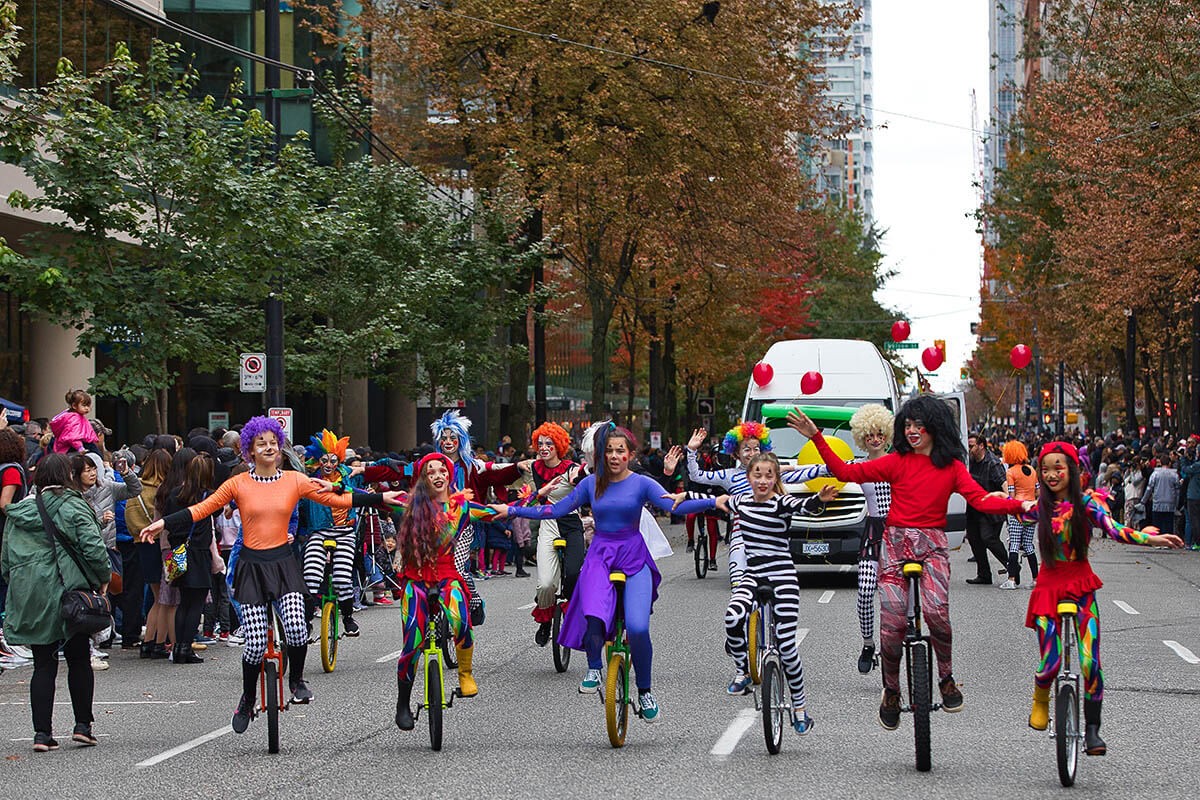 Vancouver, Canada 2019 - Participants of the parade rides unicycles