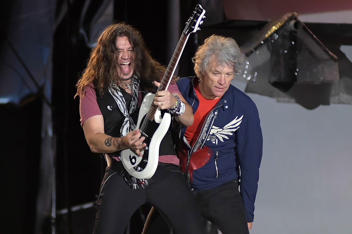 Singer Jon Bon Jovi and guitarist Phil X of the band Bon Jovi, during a concert at Rock in Rio 2019 in Rio de Janeiro Singer Jon Bon Jovi and guitarist Phil X of the band Bon Jovi, during a concert at Rock in Rio 2019 in Rio de Janeiro