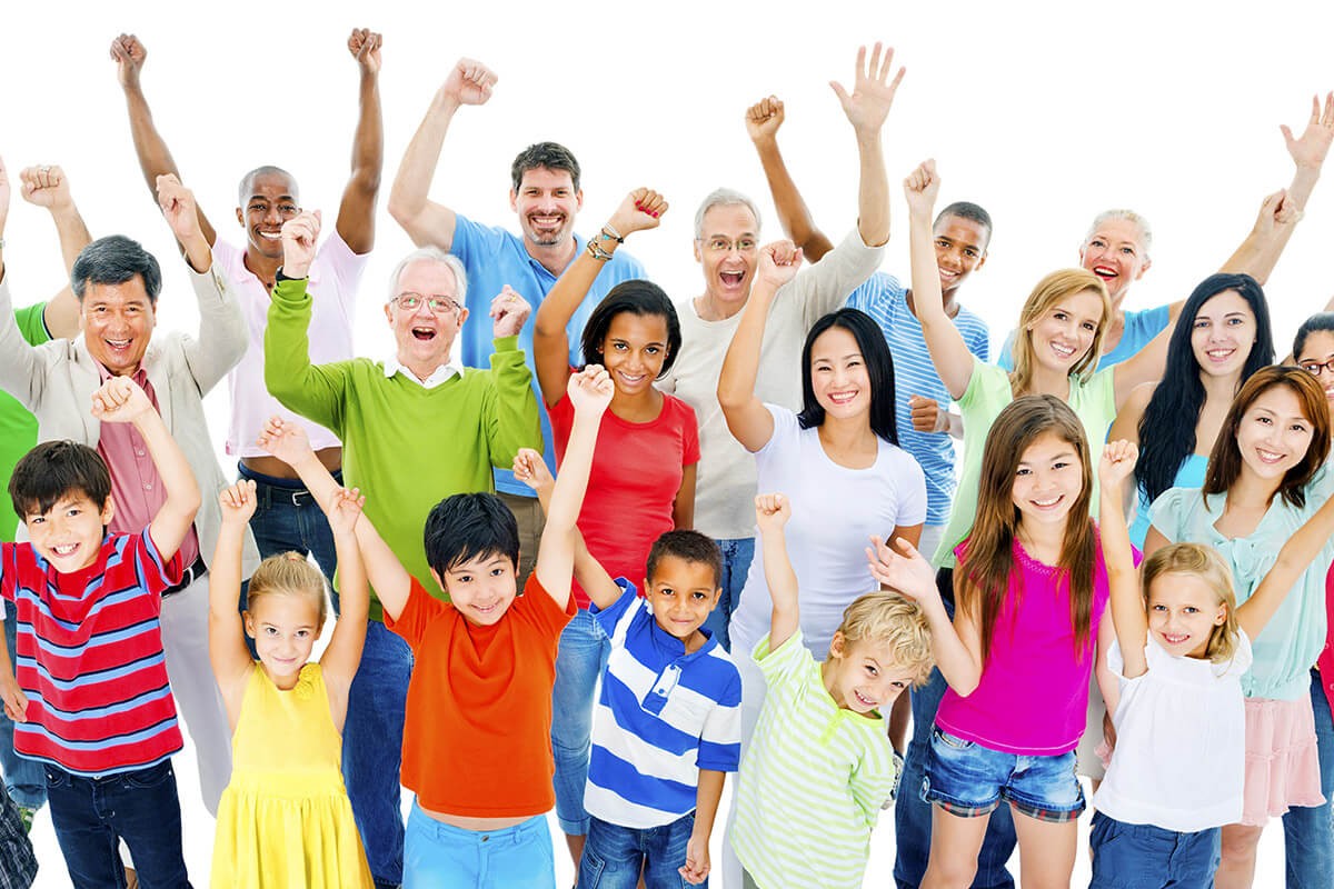 Happy society people raised their hands