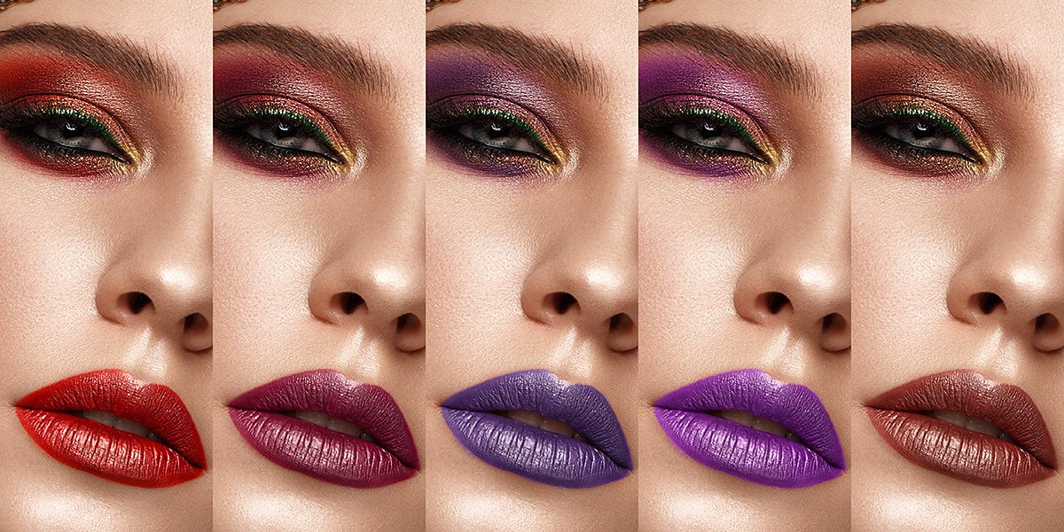 Woman with various options for applying makeup on her lips Woman with various options for applying makeup on her lips
