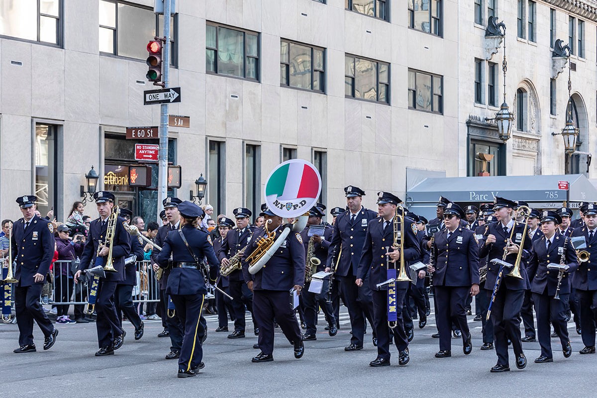 Police Band of NYC Police Department Marching up Fifth Avenue during 75th annual Columbus Day Parade, Manhattan, USA, 2019