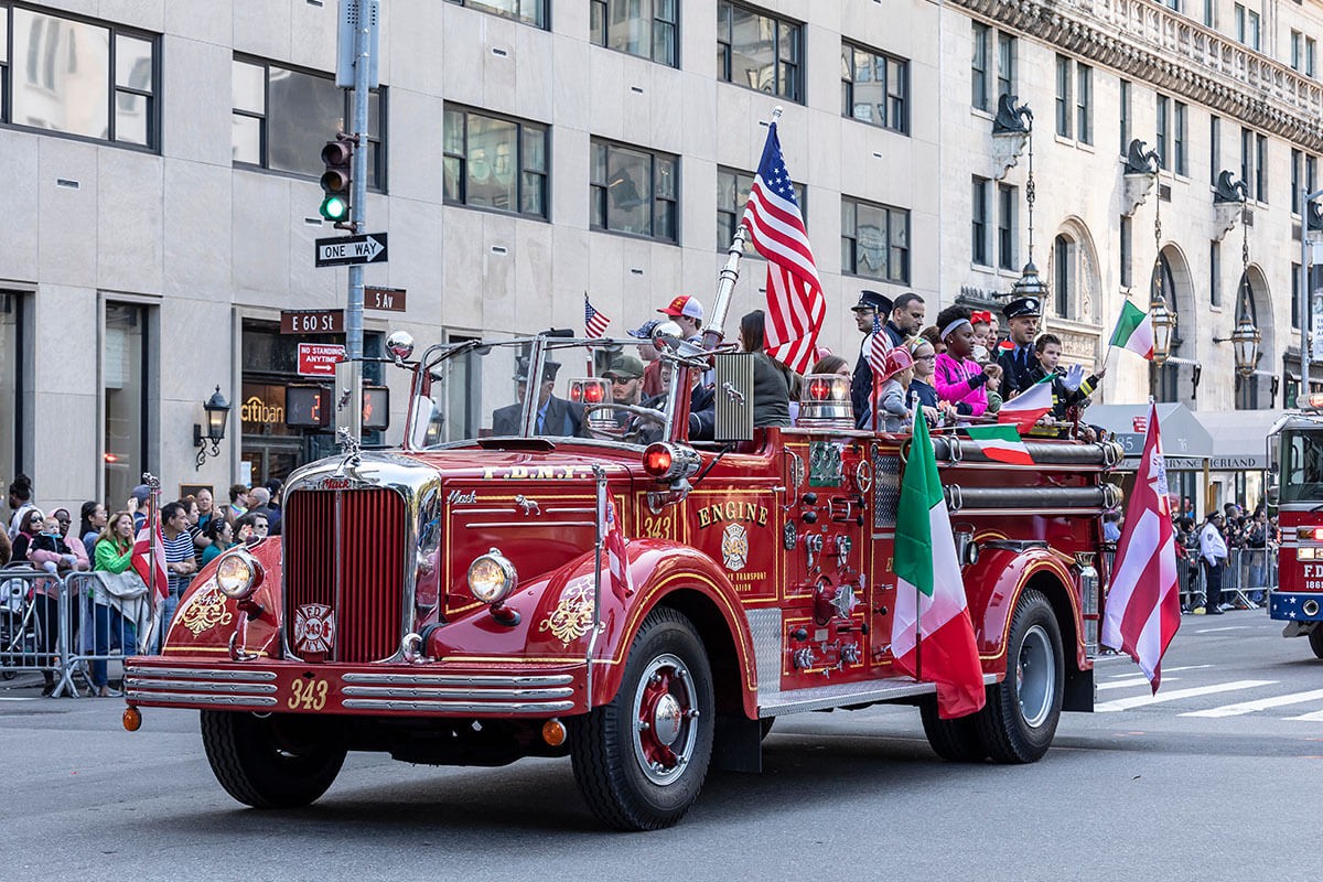 Historical Fire Department truck moves along Fifth Avenue - 75th annual Columbus Day Parade, NY, 2019