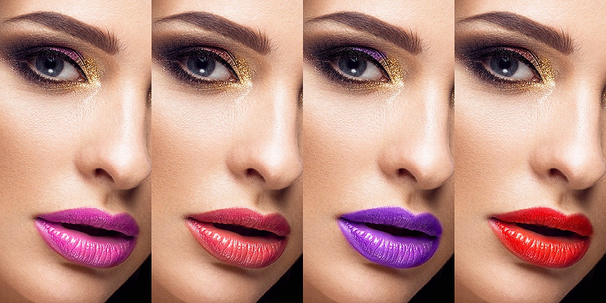 Image of a girl with various lip makeup options Image of a girl with various lip makeup options