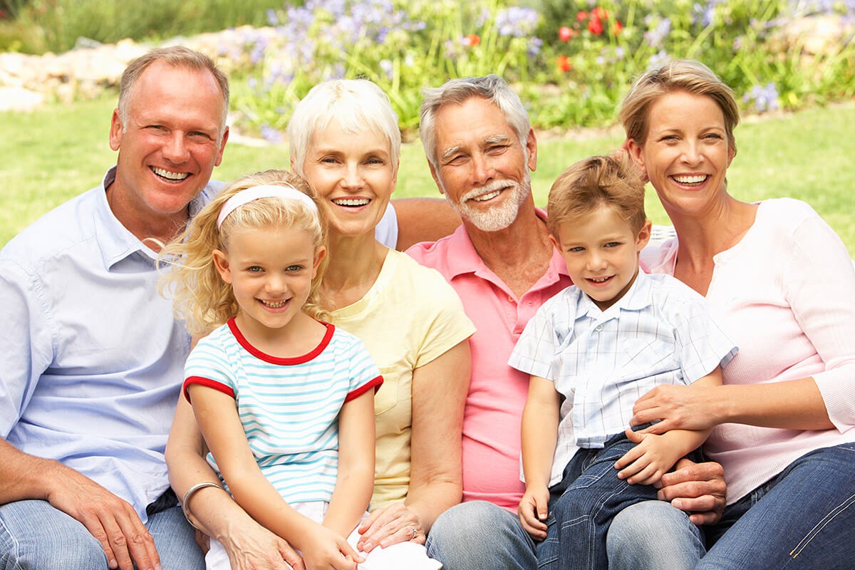 A large family of different ages sitting in nature