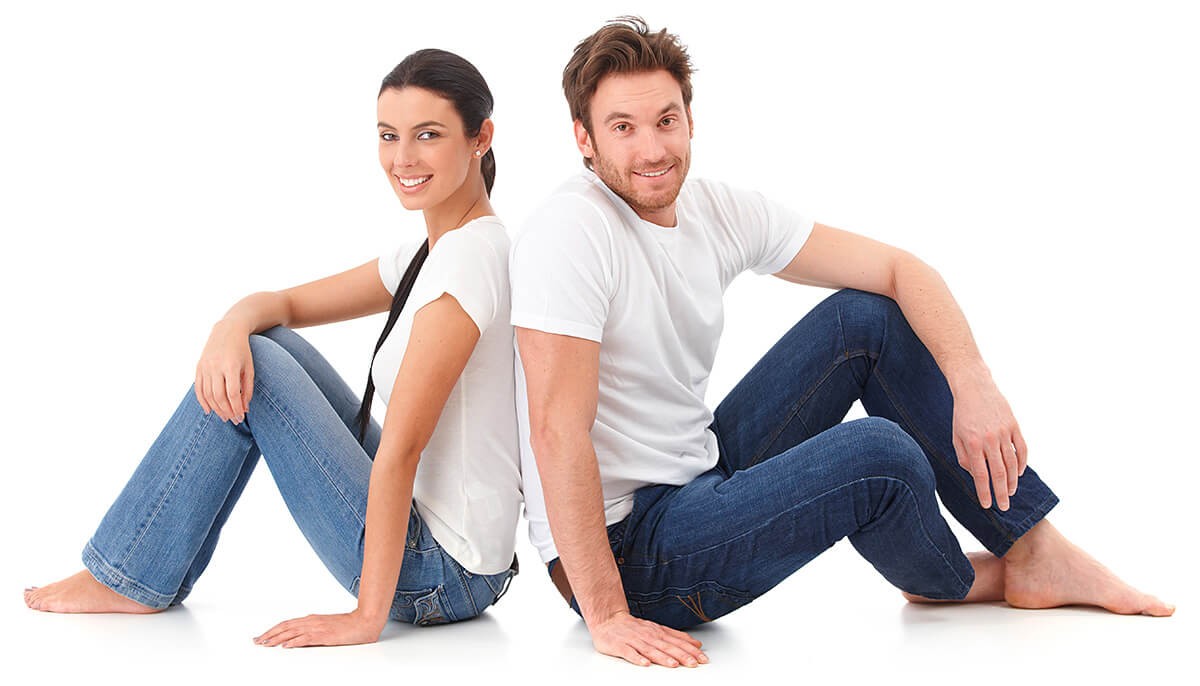 Husband and wife sit back to back