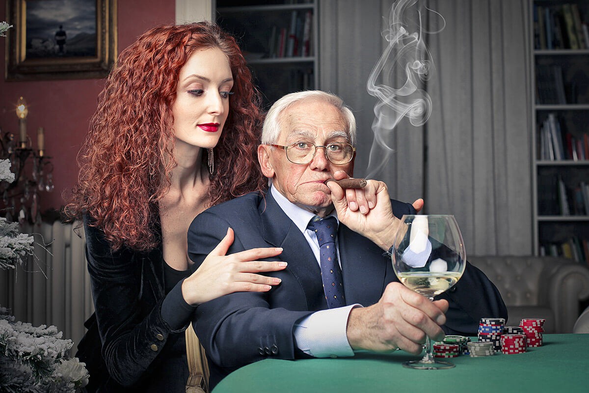Image of a rich elderly man and his young wife