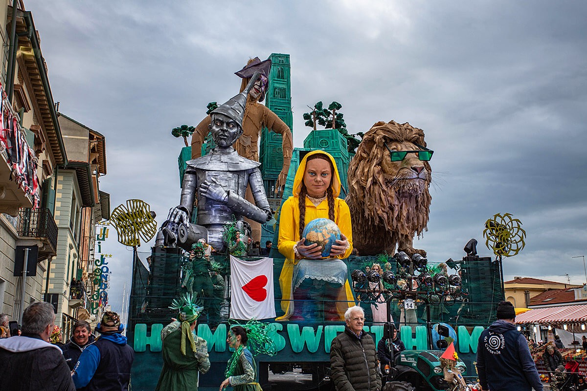 Panoramic view of the Carnival Parade on the Streets of Viareggio