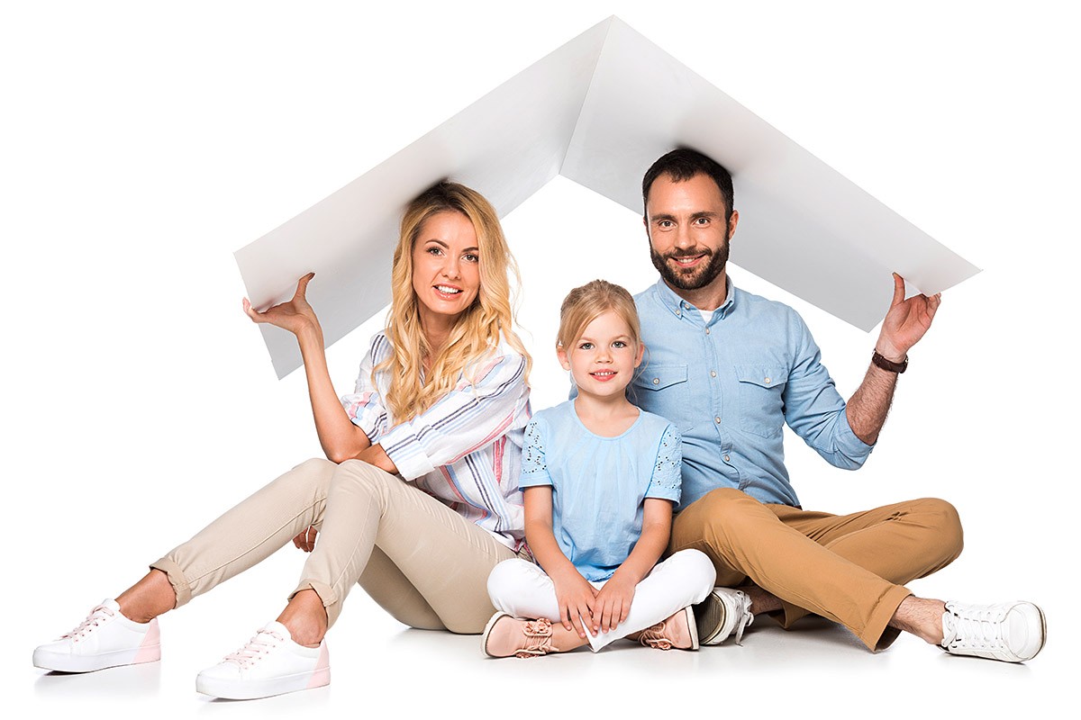 Image of a couple and a child with a paper canvas in their hands in the form of a house roof over their head