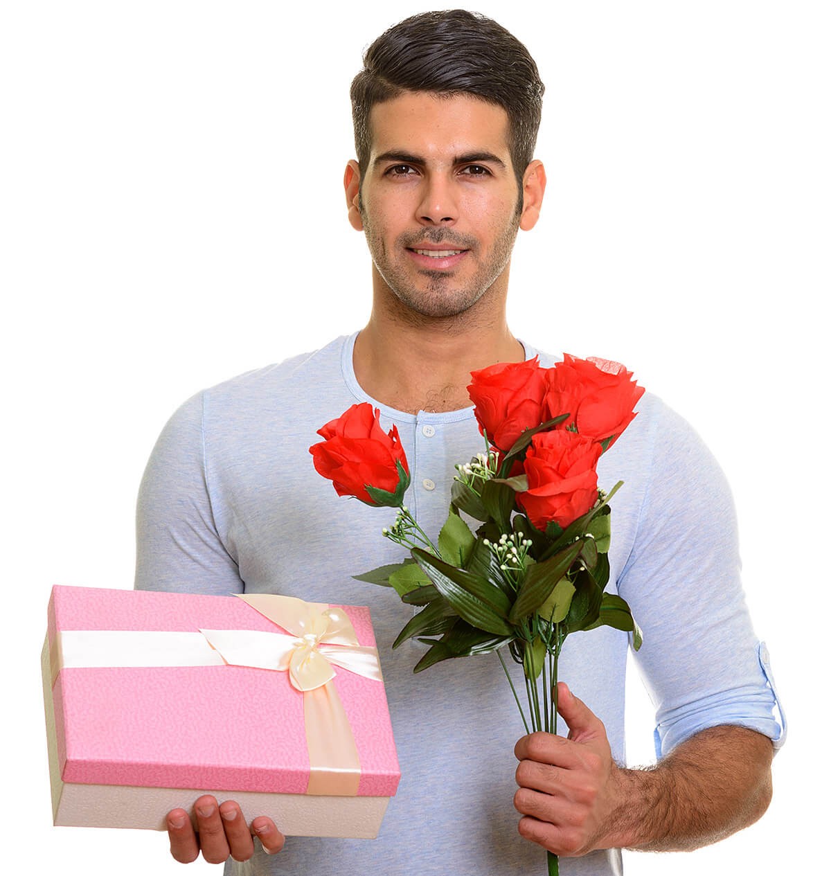 A man with flowers and a gift for his woman A man with flowers and a gift for his woman