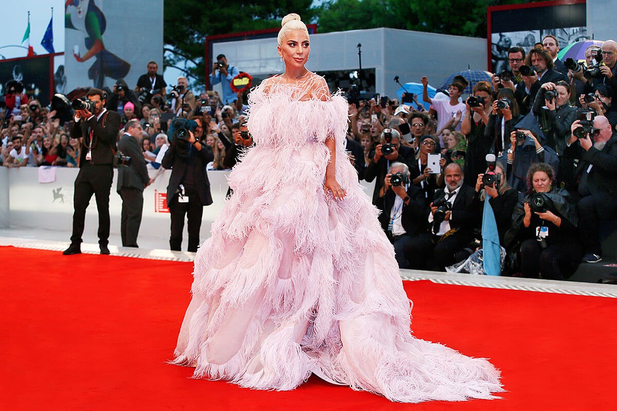American singer Lady Gaga on the red carpet in a puffy pink dress