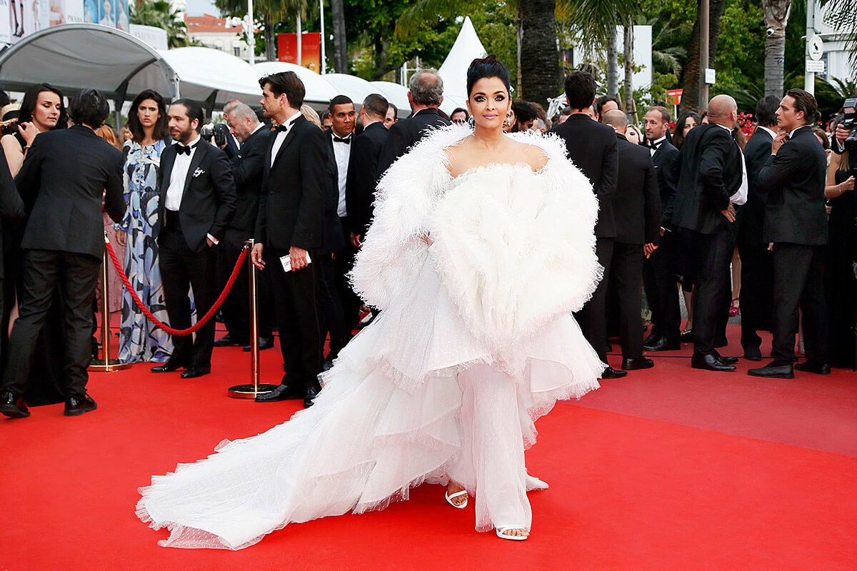 Actress Aishwarya Rai in a white puffy dress on the red carpet