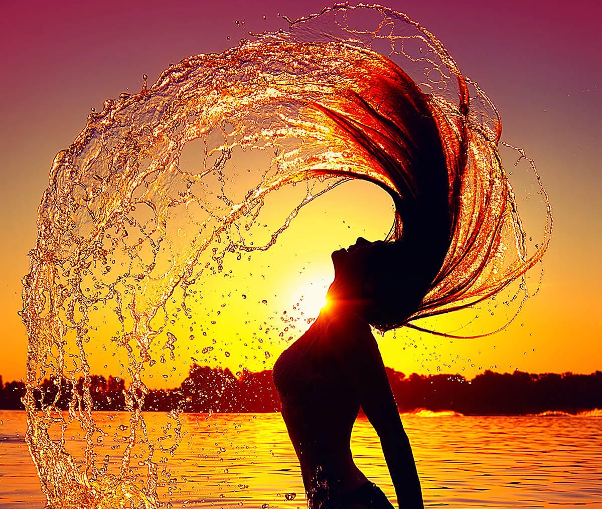 Image of a bathing woman at sunset Image of a bathing woman at sunset