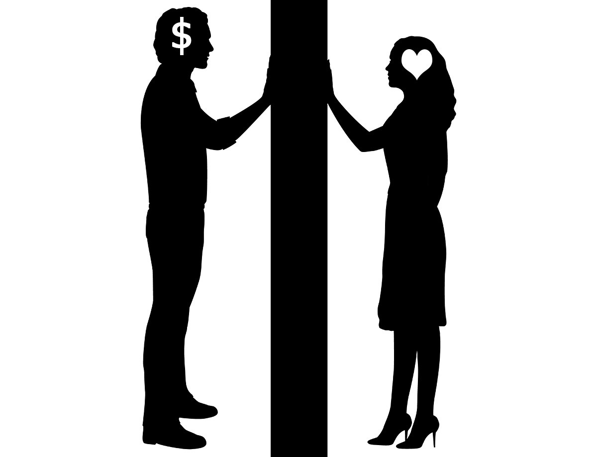 Man and woman against the wall with different thoughts in their head