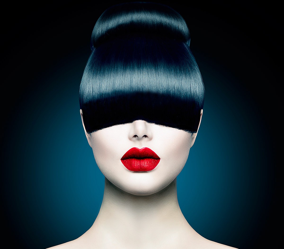 Image of a woman with red lips and hair covering her eyes Image of a woman with red lips and hair covering her eyes