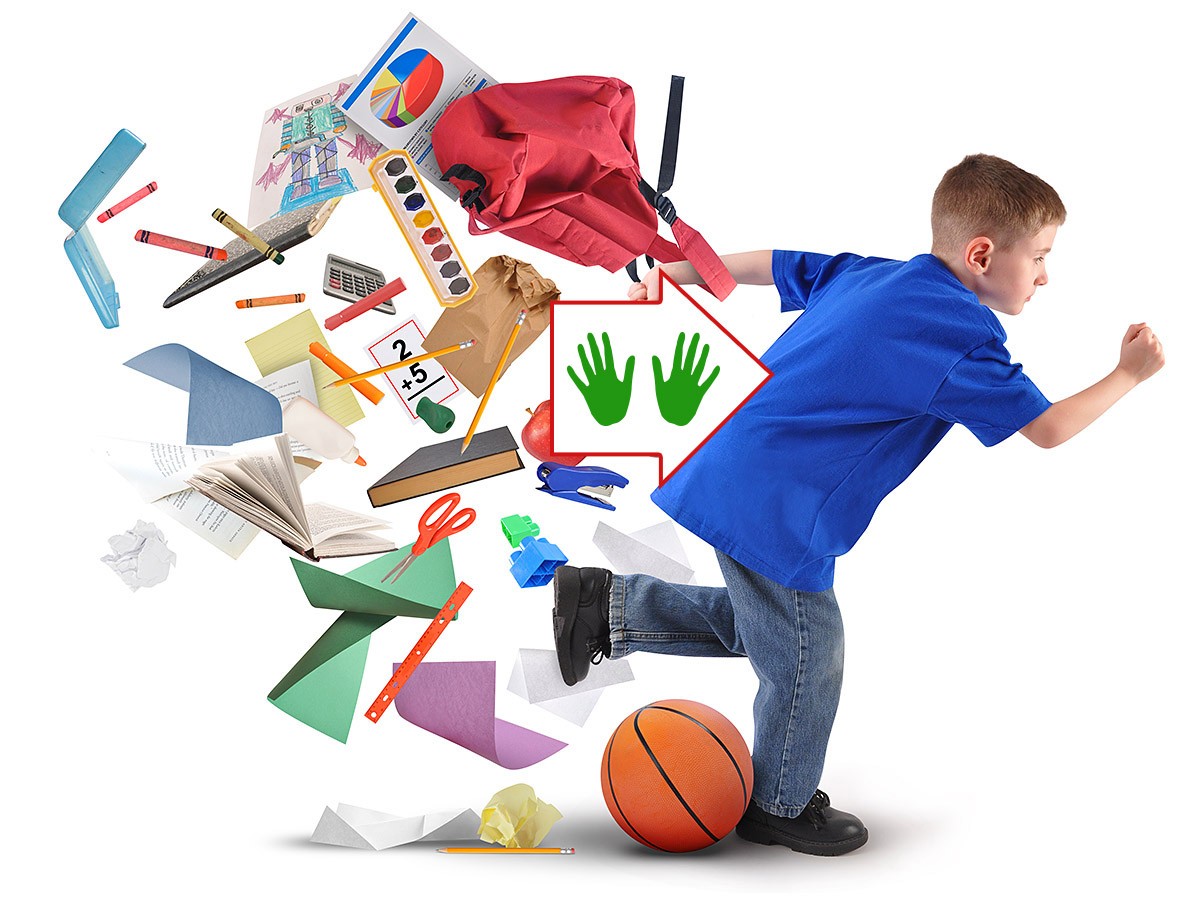 Children's prank of a boy who scattered his textbooks, pens and notebooks