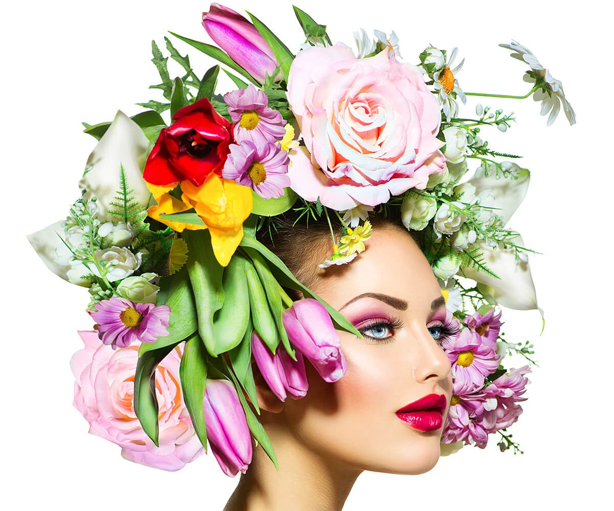 Young woman with many flowers on her head