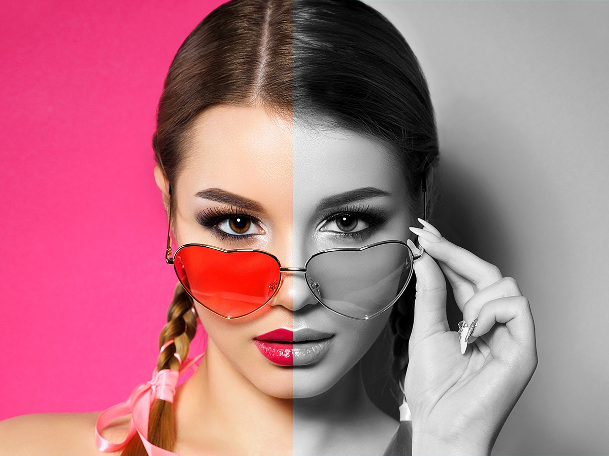 Nice girl with red lips and pink glasses