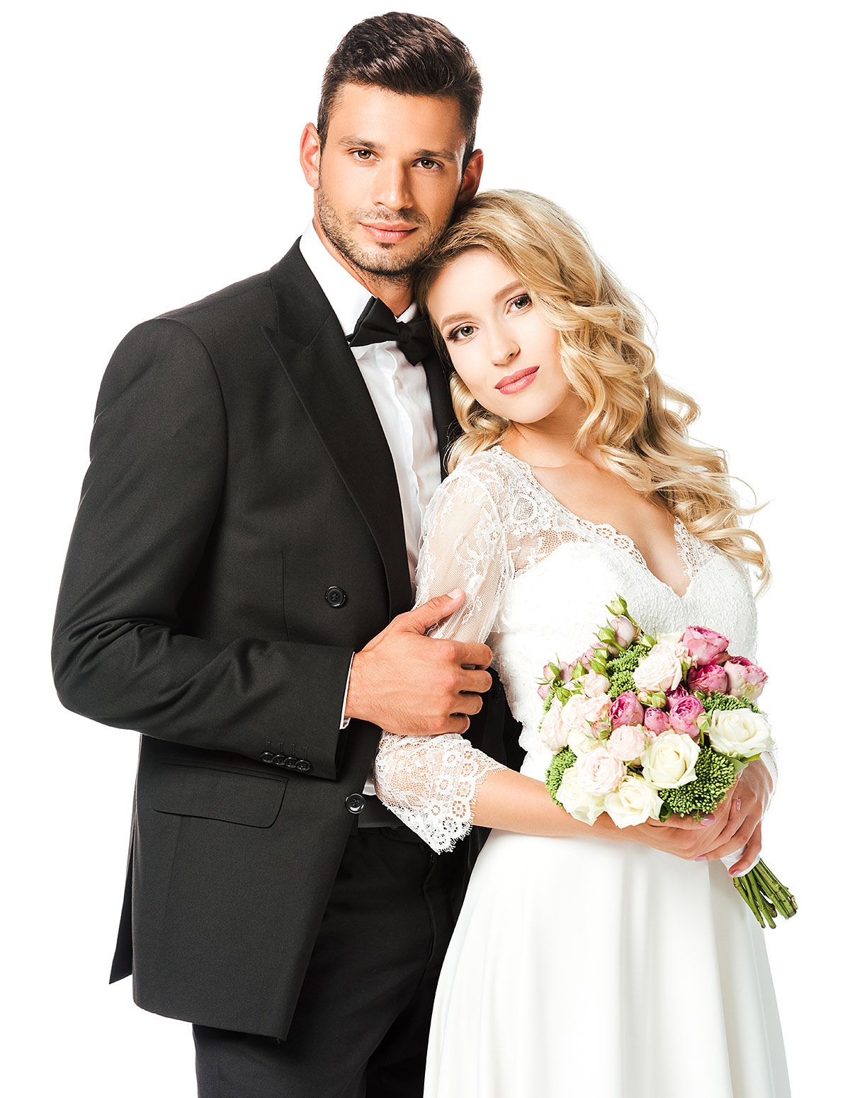 Cute married couple with a bouquet of flowers in their hands Cute married couple with a bouquet of flowers in their hands