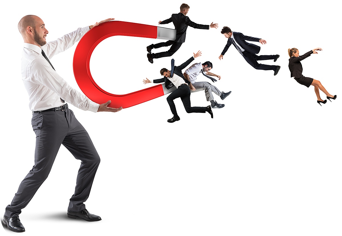 Business man attracts people with a big magnet