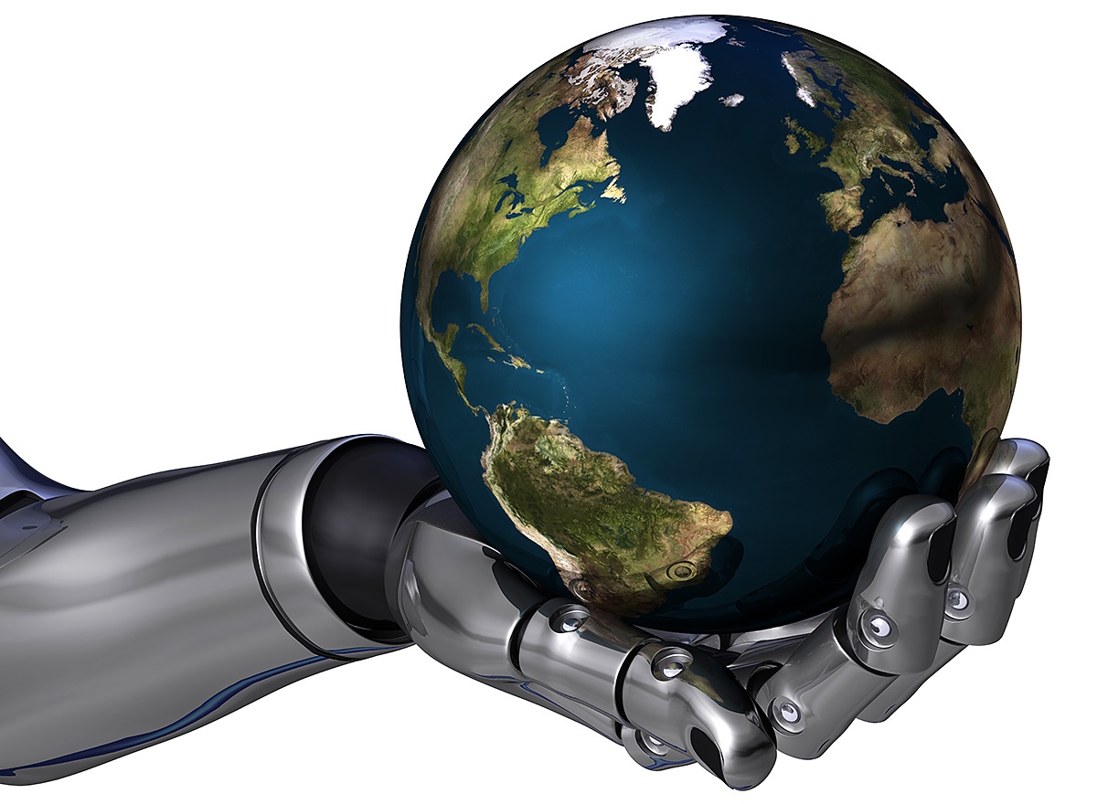 Image of a robot hand on which the globe Image of a robot hand on which the globe
