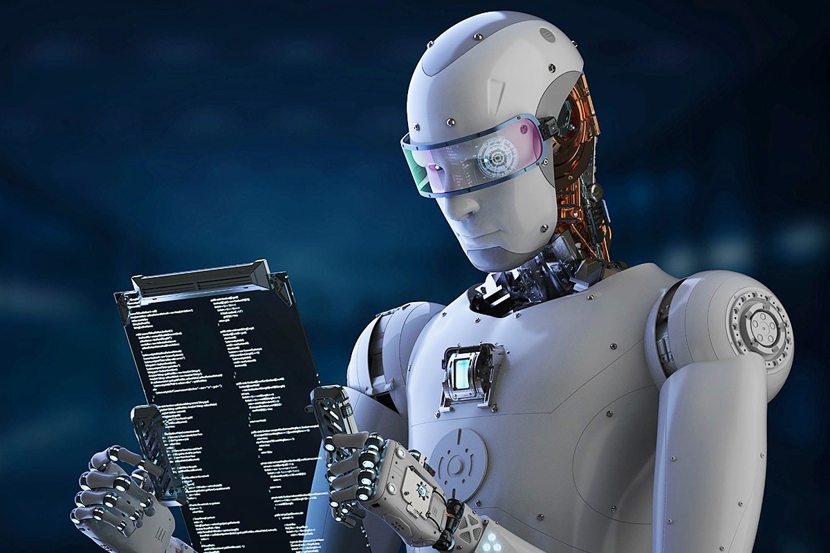 Image of a humanoid robot reading a book