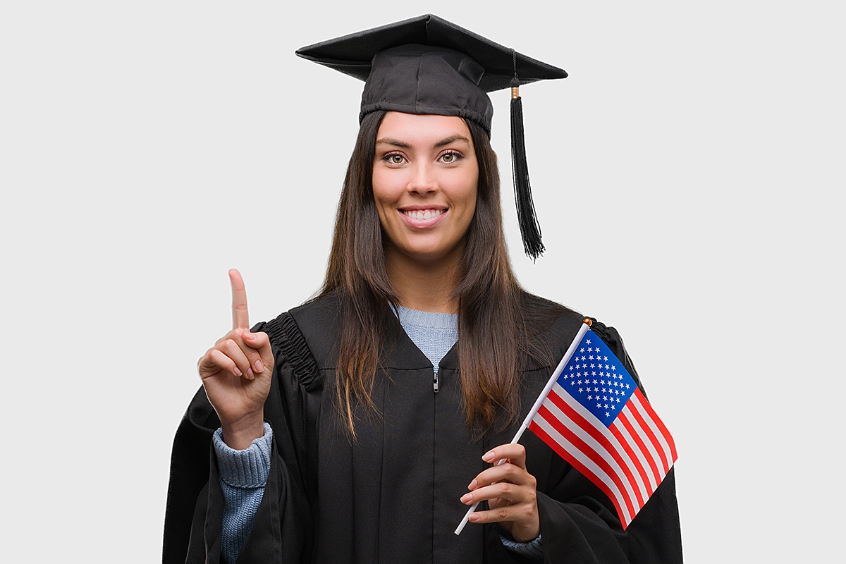 Image of a girl in a mantle and with the American flag