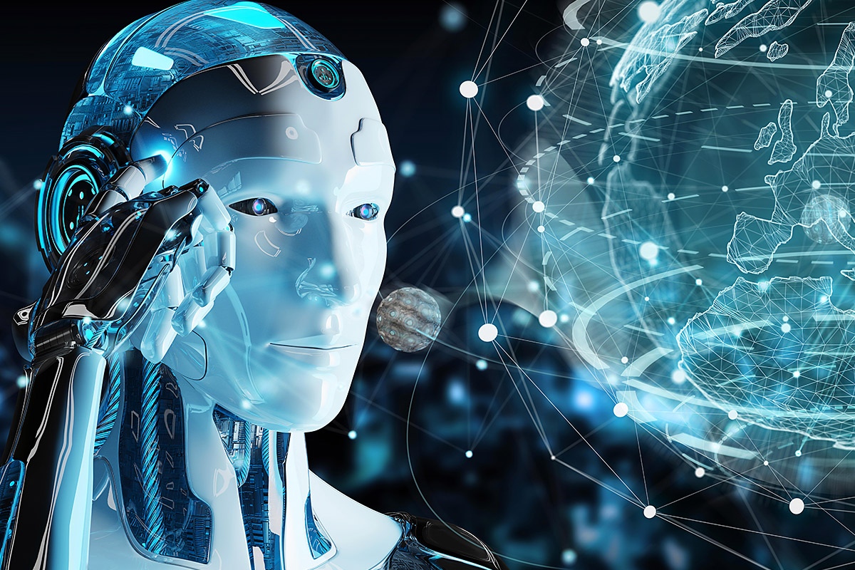 Image of a smart robot looking at a globe