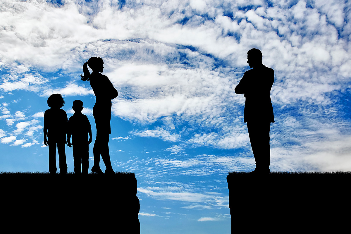 Image of a divorced man and woman over a cliff