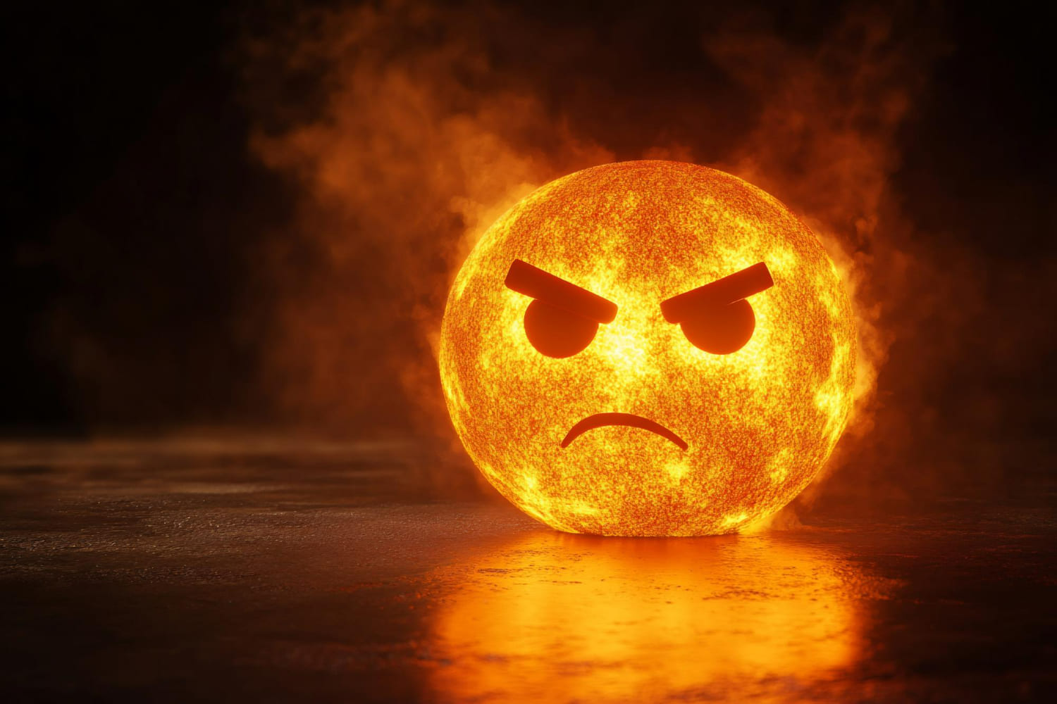 A glowing fiery sphere displaying an angry expression, radiating intense heat and flames while symbolizing burning anger and intense emotion. A glowing fiery sphere displaying an angry expression, radiating intense heat and flames while symbolizing burning anger and intense emotion.