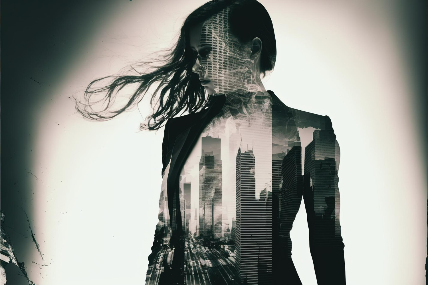 A conceptual double-exposure portrait in monochrome, blending the profile of a woman with windswept dark hair, dressed in a tailored dark blazer.