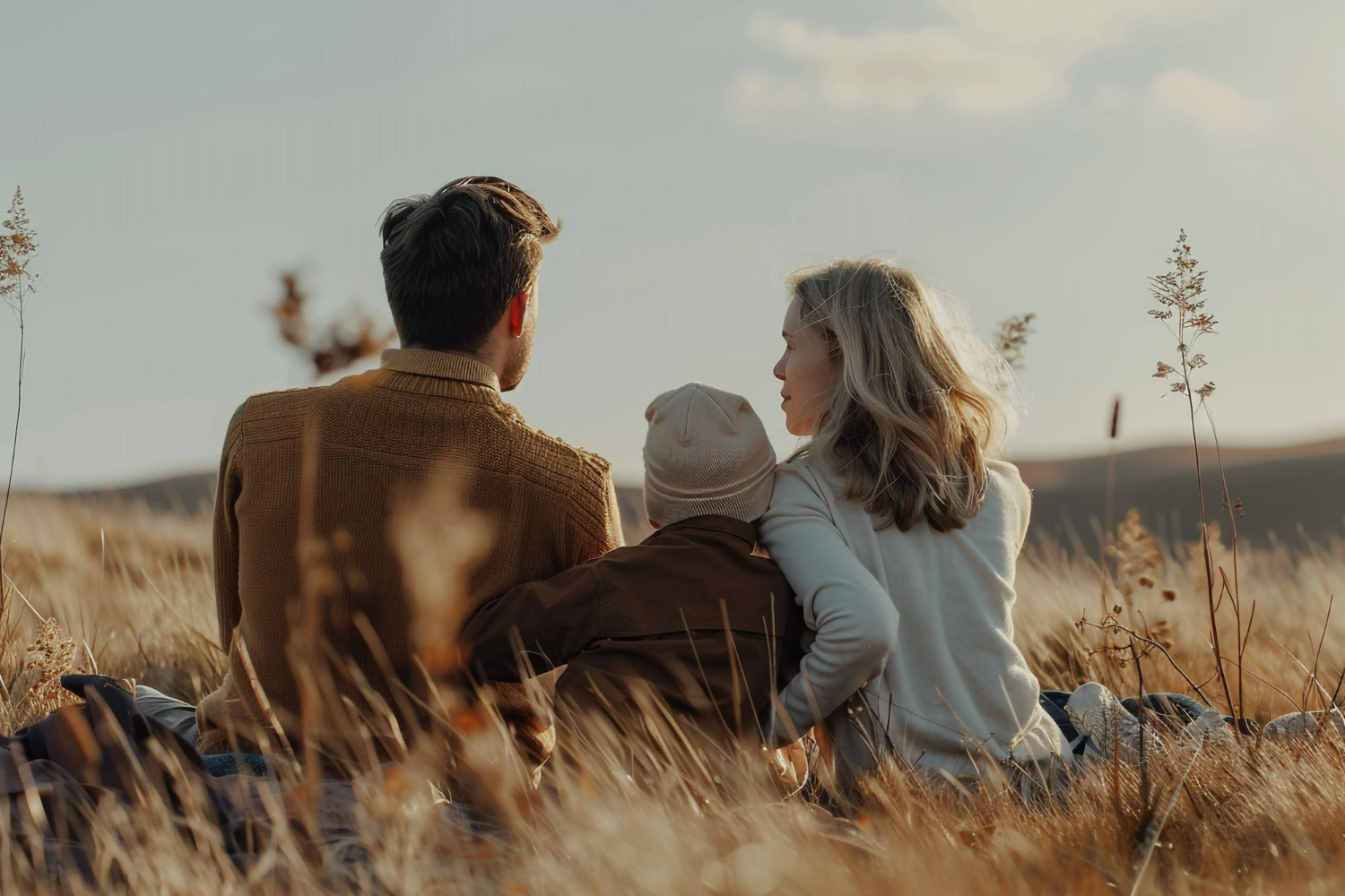 A family of three sits together from behind in a windswept golden grass field, gazing out at rolling hills under a soft, hazy sky.