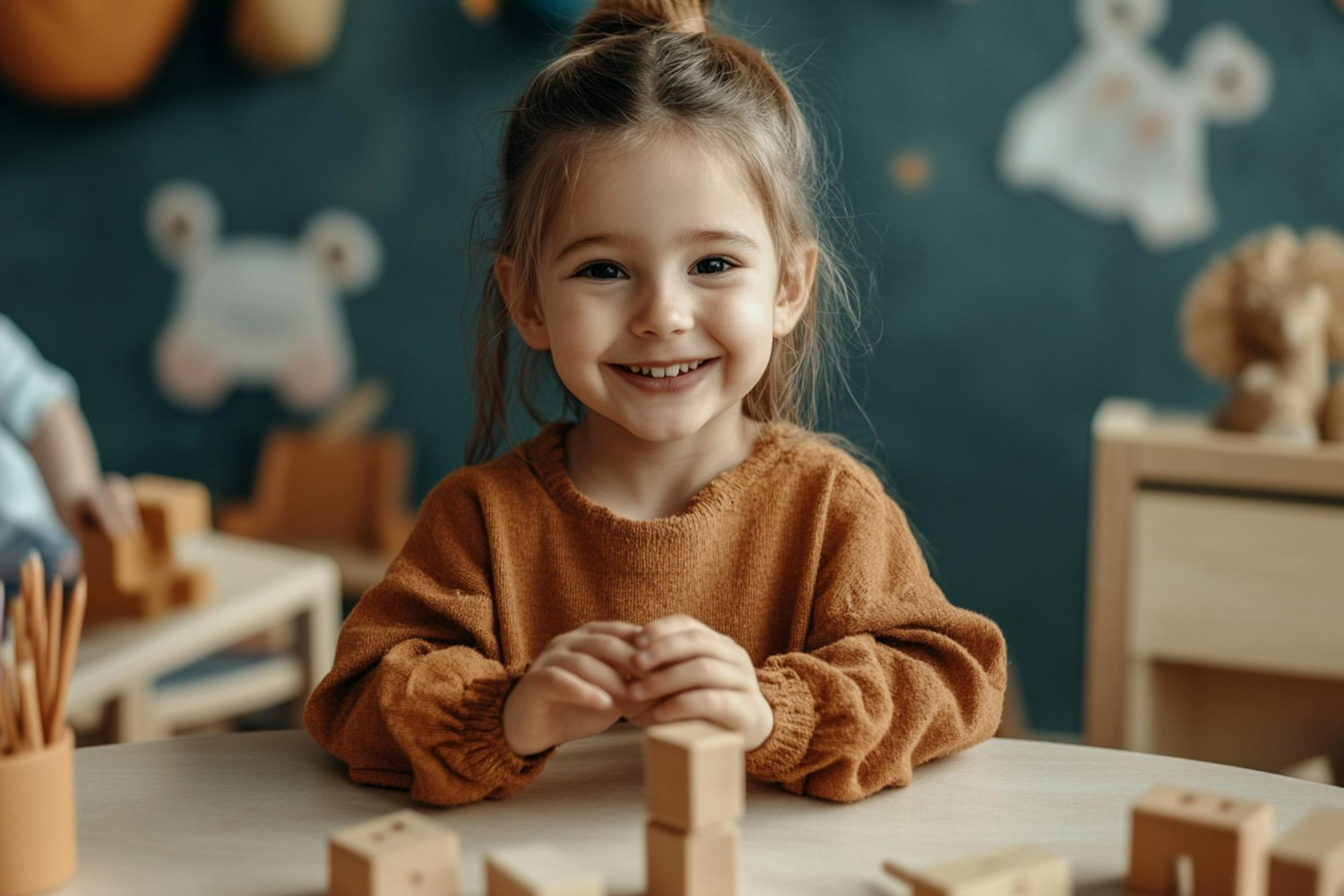 A young girl in a cozy brown sweater sits at a table smiling warmly at the camera while stacking wooden building blocks, with a softly blurred kindergarten