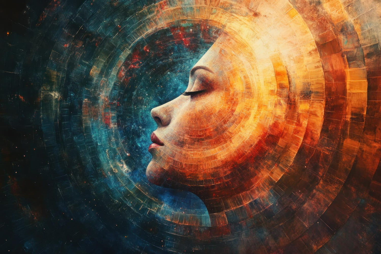 A surreal, painterly digital artwork depicting a woman's face in serene profile, eyes closed, positioned at the meeting point of two contrasting halves.