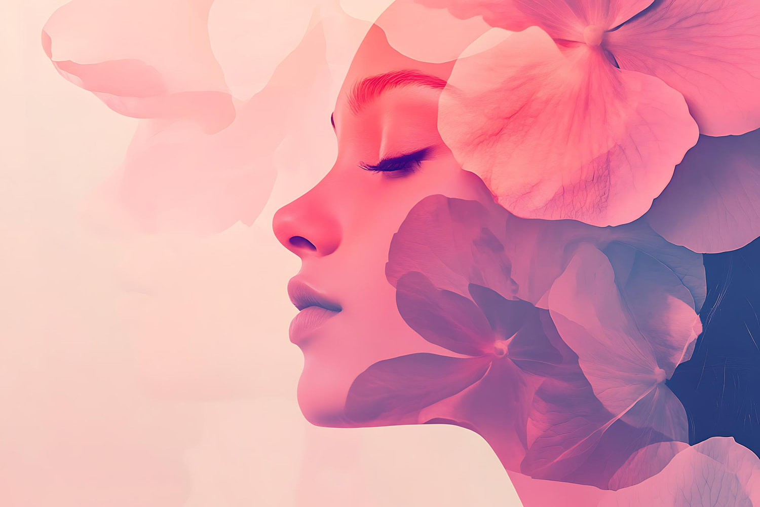 A delicate double-exposure profile portrait of a woman with closed eyes, seamlessly blended with soft, oversized hydrangea petals in shades of pink and blush.