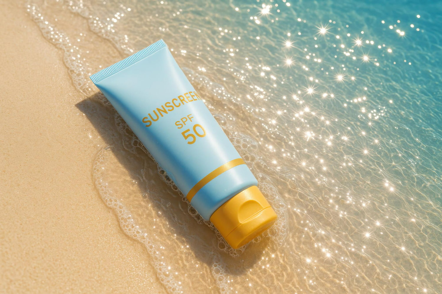 A light blue sunscreen tube labeled "SPF 50" rests on wet golden sand at the water's edge, A light blue sunscreen tube labeled "SPF 50" rests on wet golden sand at the water's edge,