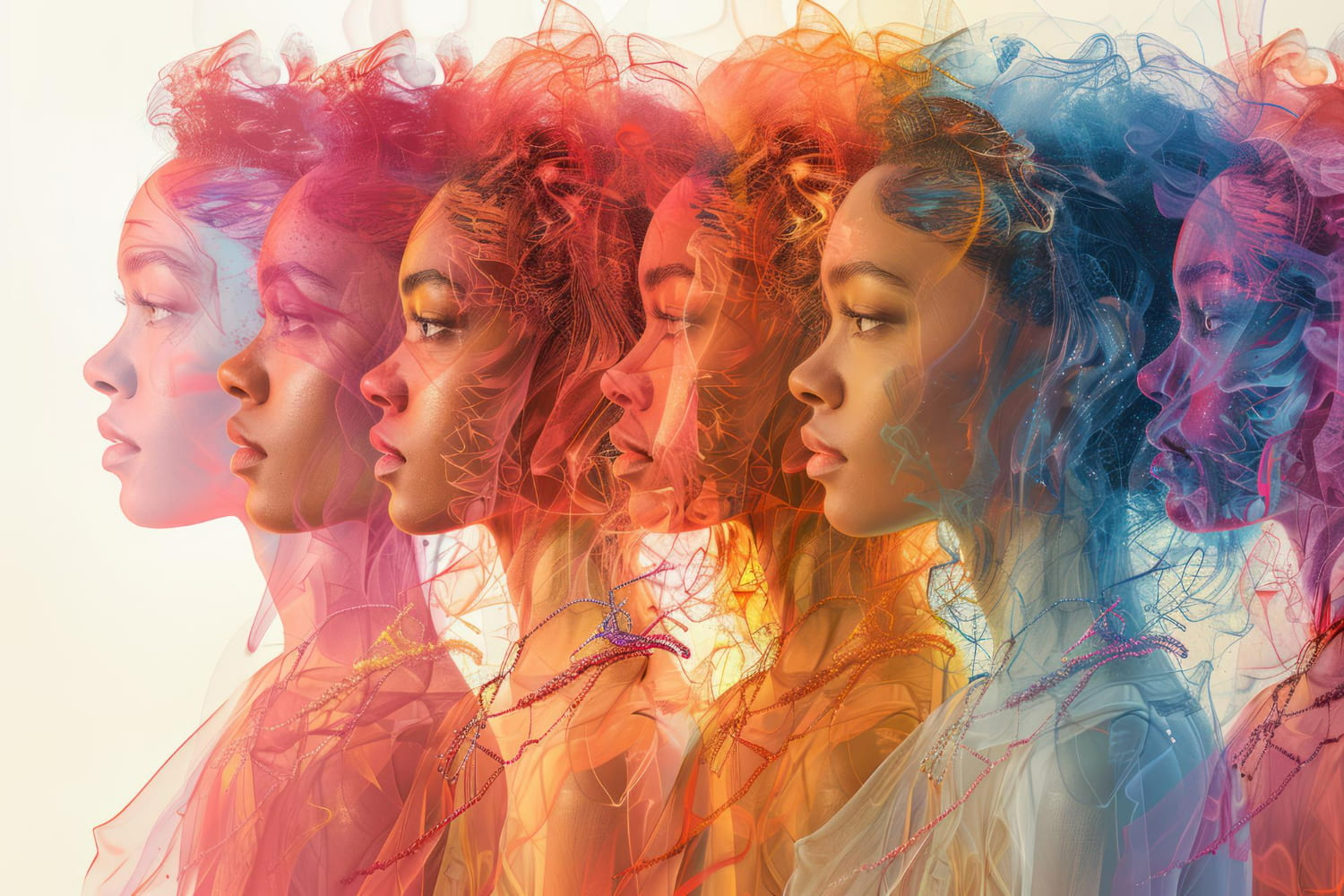 A conceptual digital art piece showing a series of overlapping female profiles arranged in a horizontal progression, each rendered in a different translucent color gradient