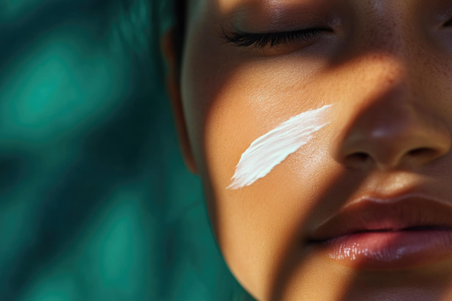 An intimate macro shot captures a woman's face with eyes closed and a swipe of white facial cream