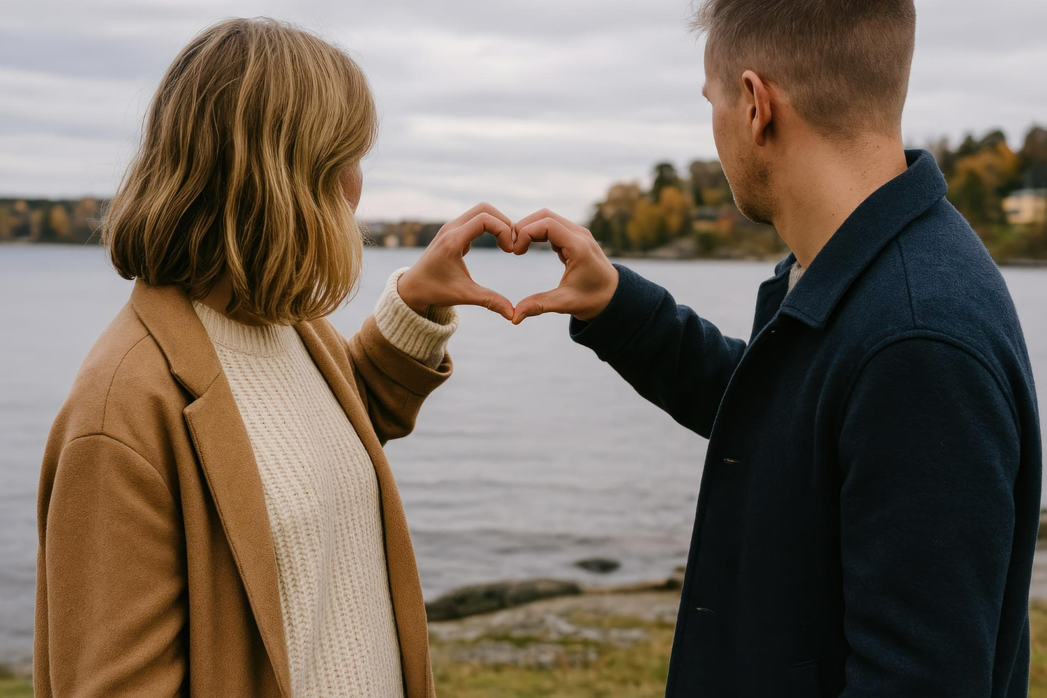 A tender candid moment of a couple facing each other by a lakeside, forming a heart shape together with their hands.