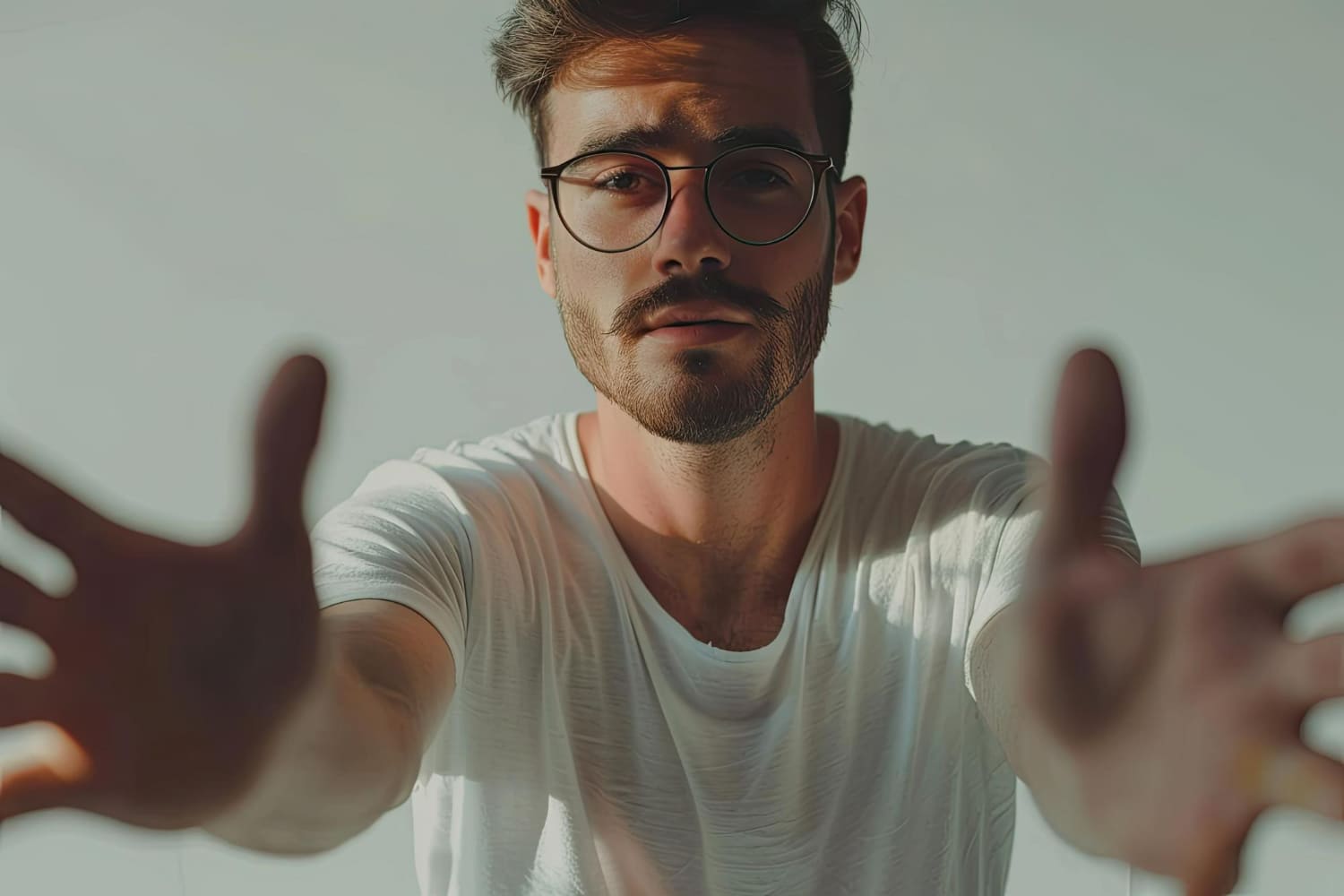 A young man with tousled brown hair, round wire-frame glasses, and a light beard and mustache looks directly at the camera with a focused, intense expression. A young man with tousled brown hair, round wire-frame glasses, and a light beard and mustache looks directly at the camera with a focused, intense expression.