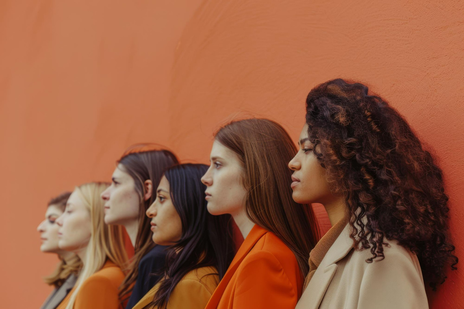 A striking editorial-style portrait featuring six women of diverse ethnicities and hair textures lined up in profile against a warm terracotta-orange wall. 