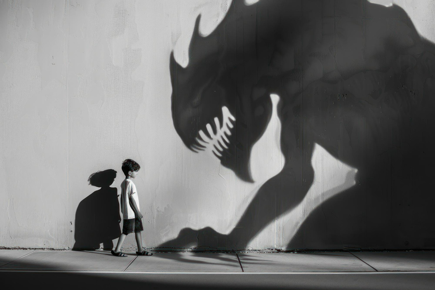 A black-and-white composite image showing a young boy walking calmly along a wall while a massive, menacing monster shadow