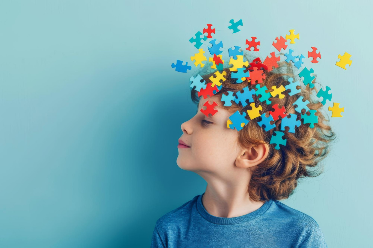 Profile portrait of a young boy with curly hair, looking upward with a thoughtful expression, colorful jigsaw puzzle pieces scattered across his head against a soft blue background.