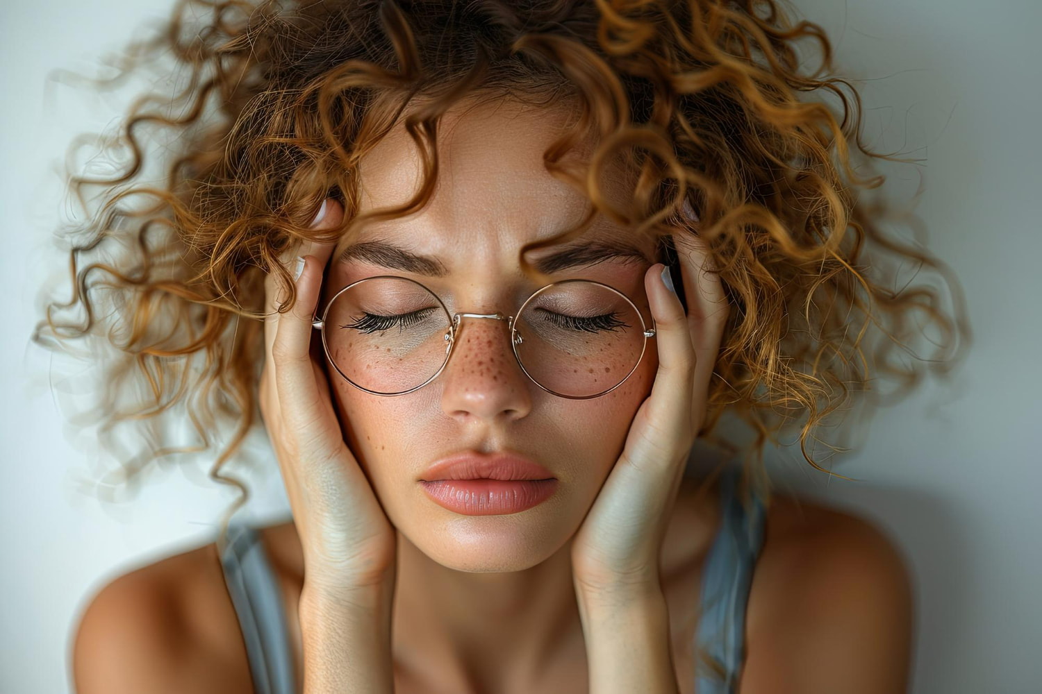 A close-up portrait of a young woman with curly auburn hair and round wire-frame glasses, eyes closed and brow furrowed as she presses her palms against her temples and cheeks.