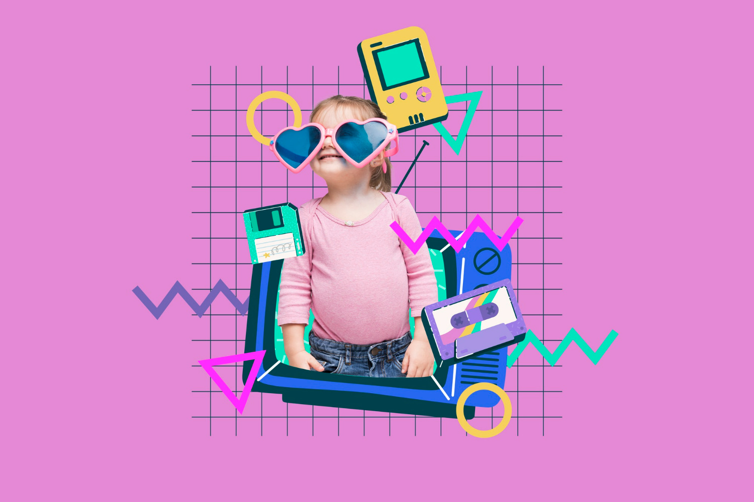 A cheerful little girl wearing heart-shaped sunglasses stands framed inside an illustrated retro TV set. A cheerful little girl wearing heart-shaped sunglasses stands framed inside an illustrated retro TV set.