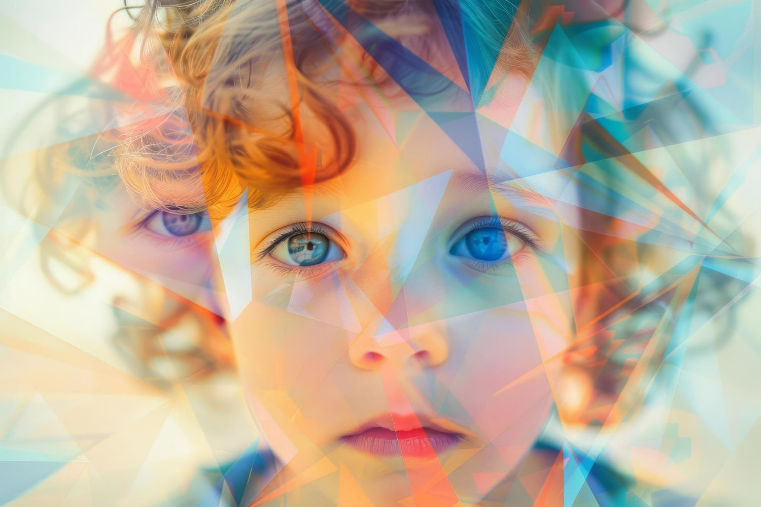 Close-up portrait of a young child with striking blue eyes and curly hair, overlaid with a fragmented, prismatic geometric pattern
