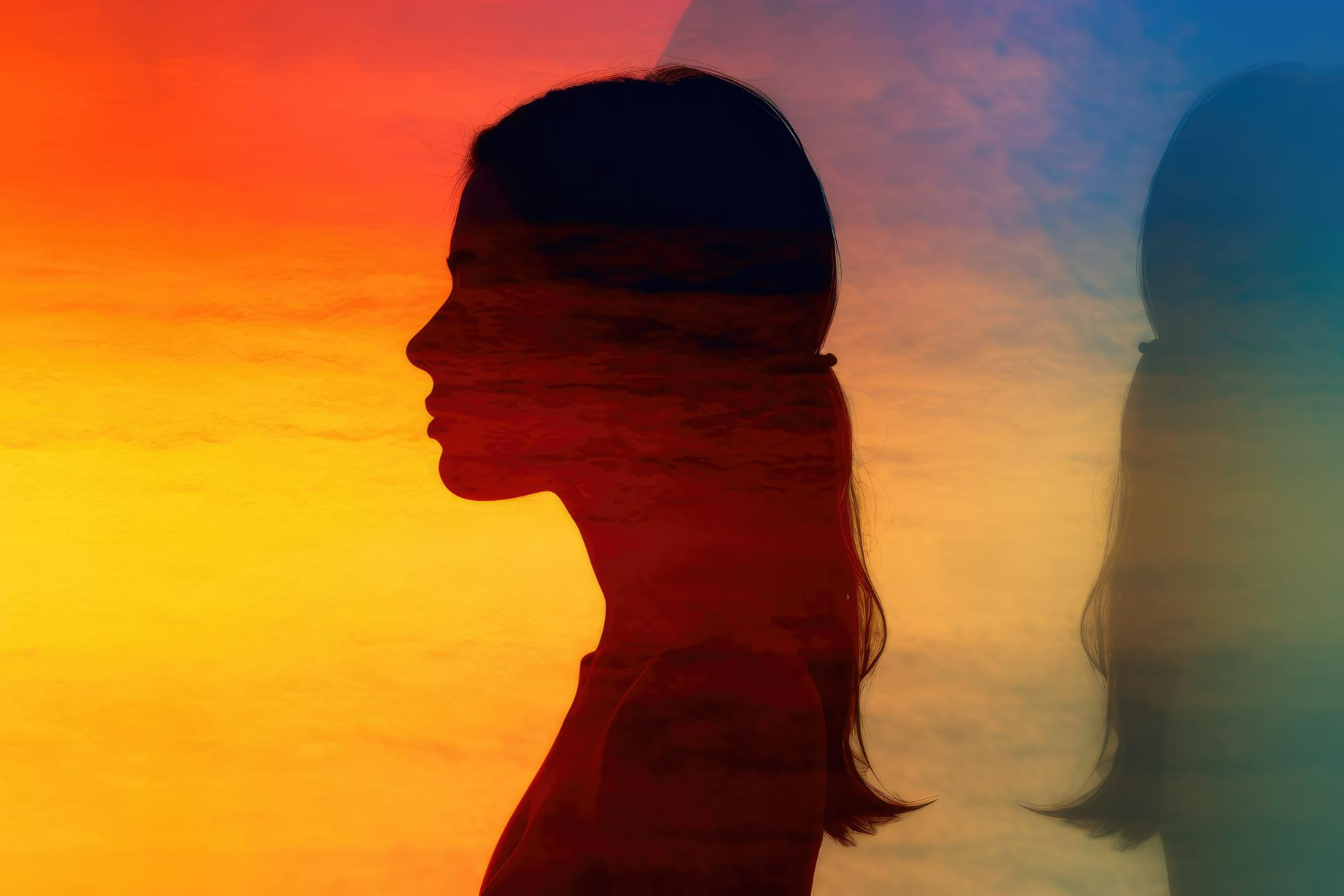  A striking split-tone silhouette portrait of a woman's profile, divided by a bold color contrast — fiery orange and red sunset hues on one side, cool blue tones on the other.