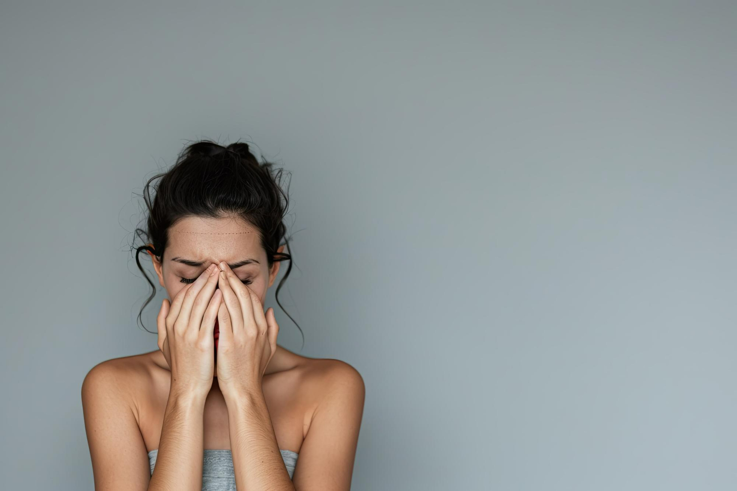 A raw, emotive portrait of a woman covering her face with both hands in an expression of distress, exhaustion, or grief.